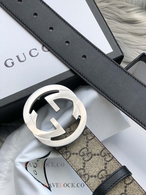Gucci Black Leather Belt PVC Brown Monogram Steel Buckle